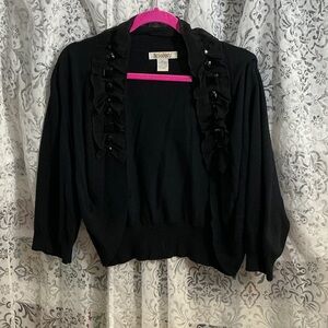 🟤  Roaman's Vintage Black Cropped Bolero Cardigan with Ruffle Details